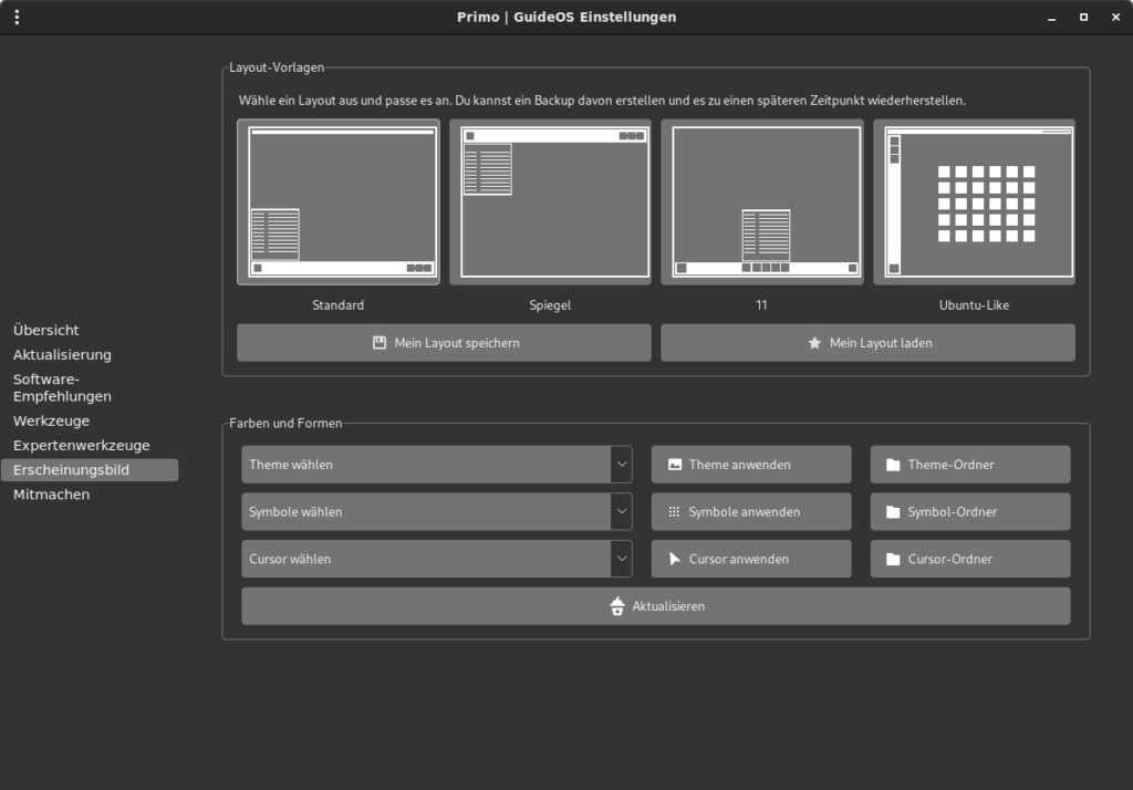 GuideOS Einstellungen: Layout und Theme Optionen