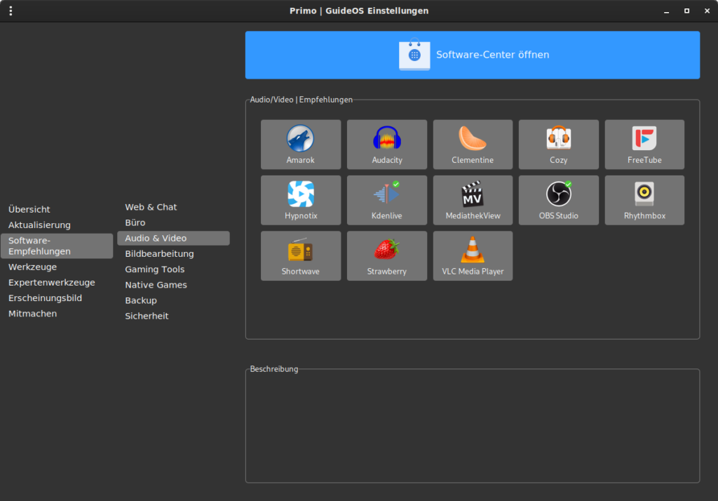 GUI mit Audio- und Videoprogrammen auf GuideOS