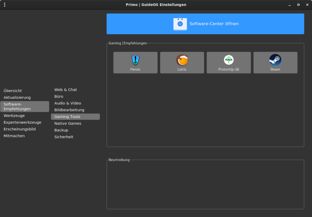 Software-Center mit Gaming-Tools auf GuideOS