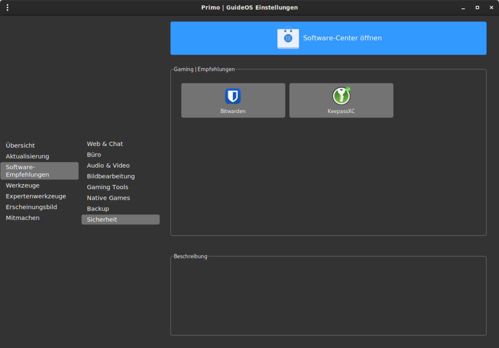 GuideOS Einstellungen Fenster mit Software-Center Option.