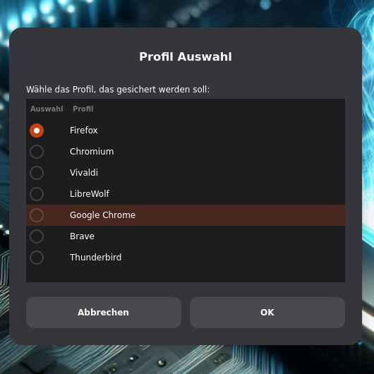 Software-Profil-Auswahlfenster für verschiedene Browser und Thunderbird
