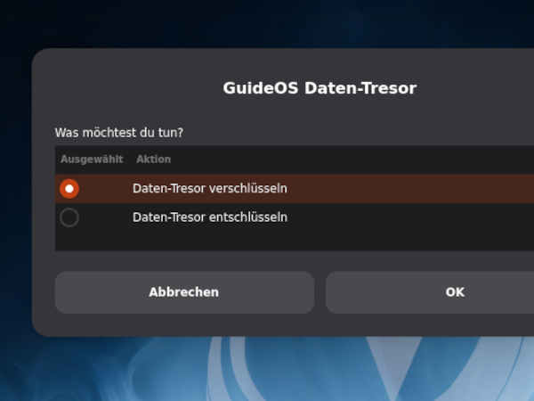 Dialogfeld zum Verschlüsseln oder Entschlüsseln von Daten-Tresor.
