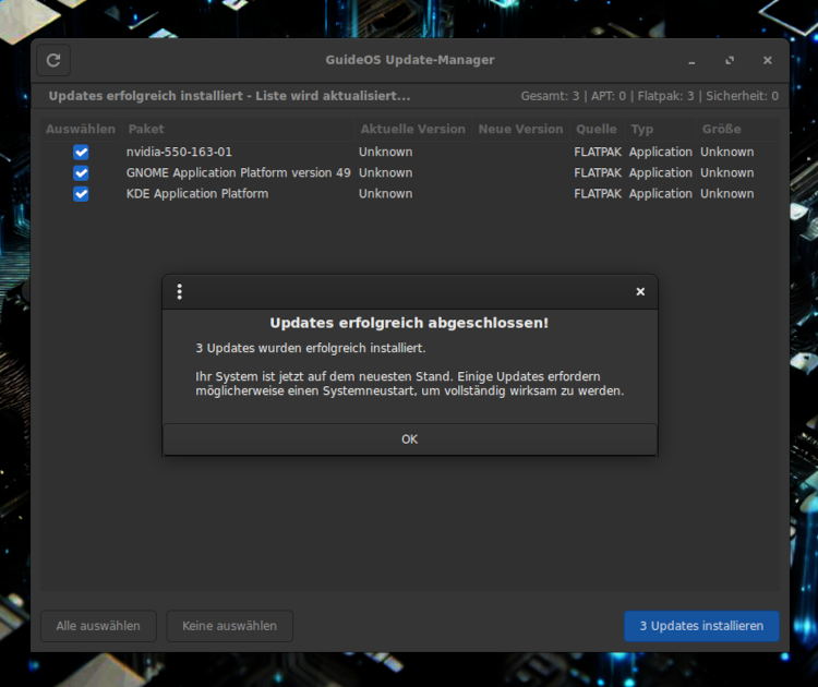 Erfolgreiche Software-Updates auf GuideOS abgeschlossen.