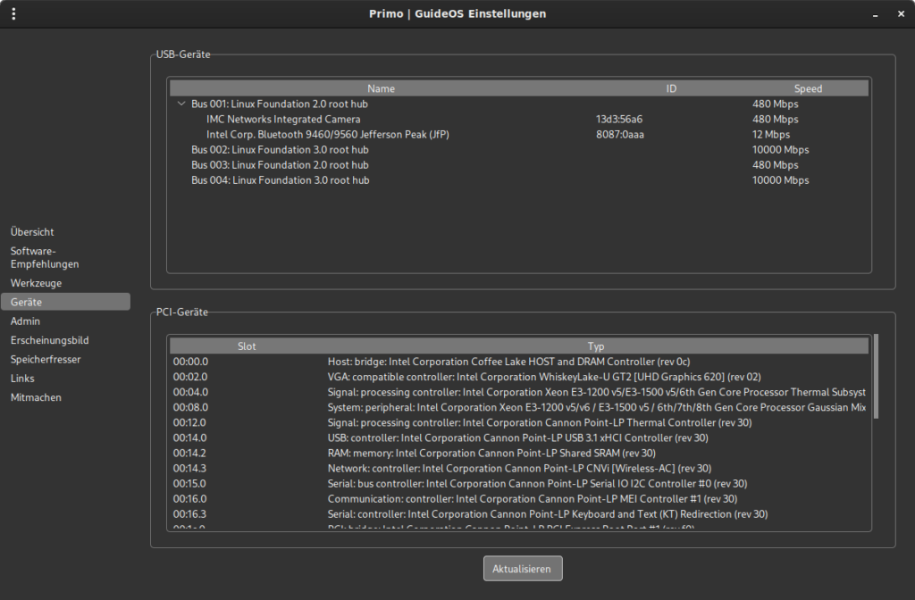Primo GuideOS Einstellungen mit USB- und PCI-Geräteinformationen