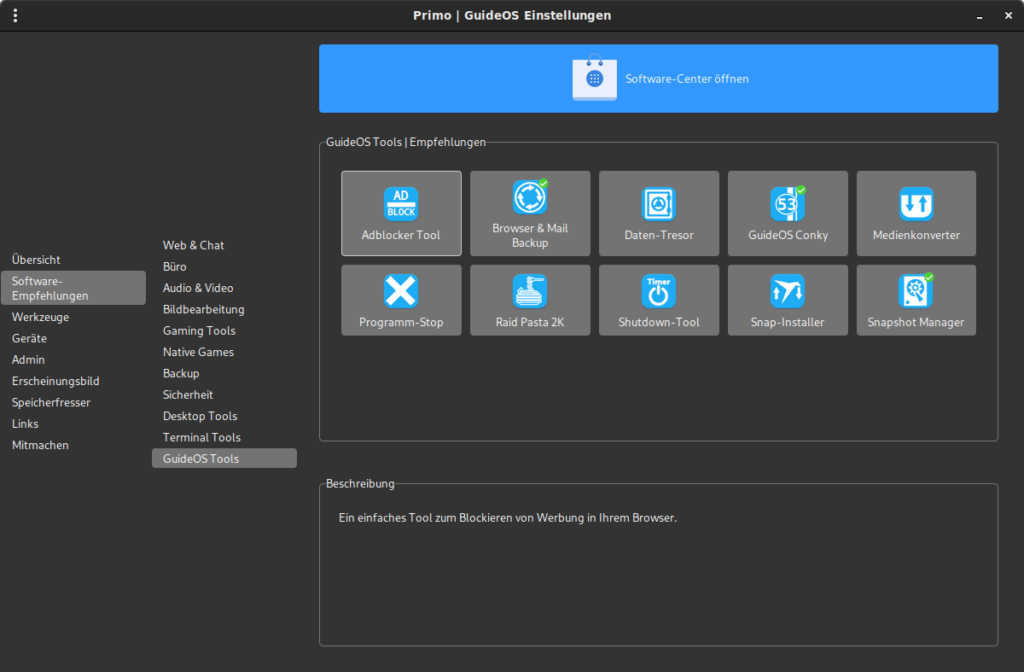 GuideOS-Einstellungen mit Software-Empfehlungen.