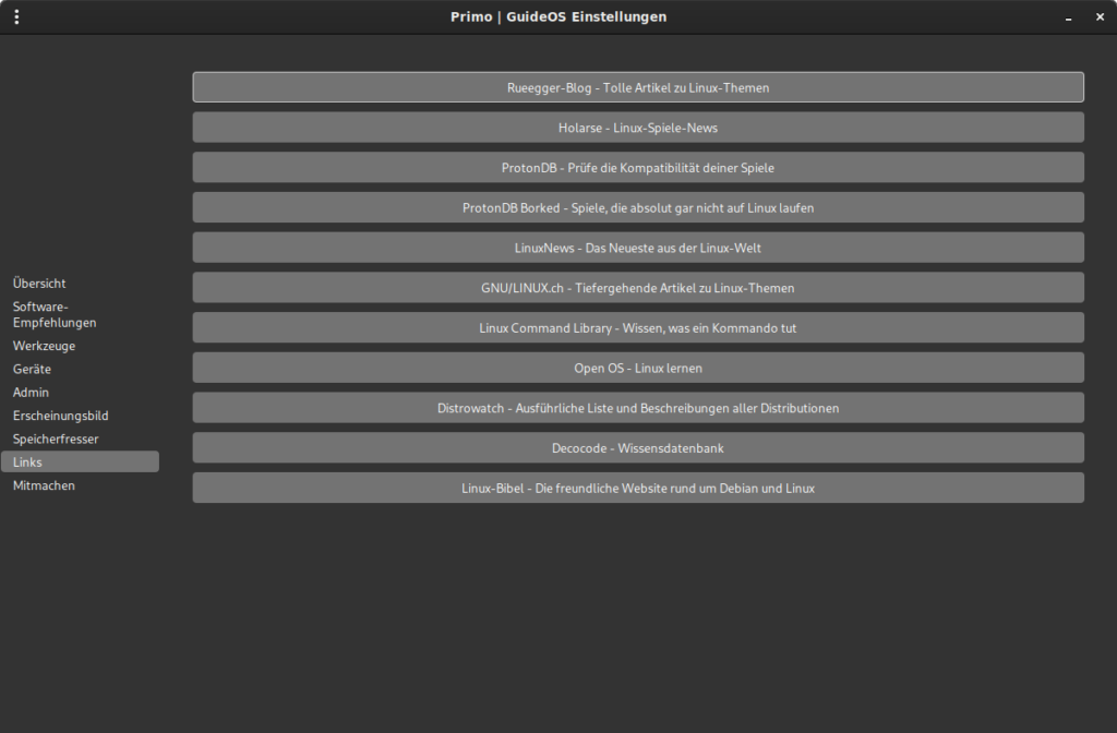 Linux-Einstellungen mit verschiedenen Linkoptionen.