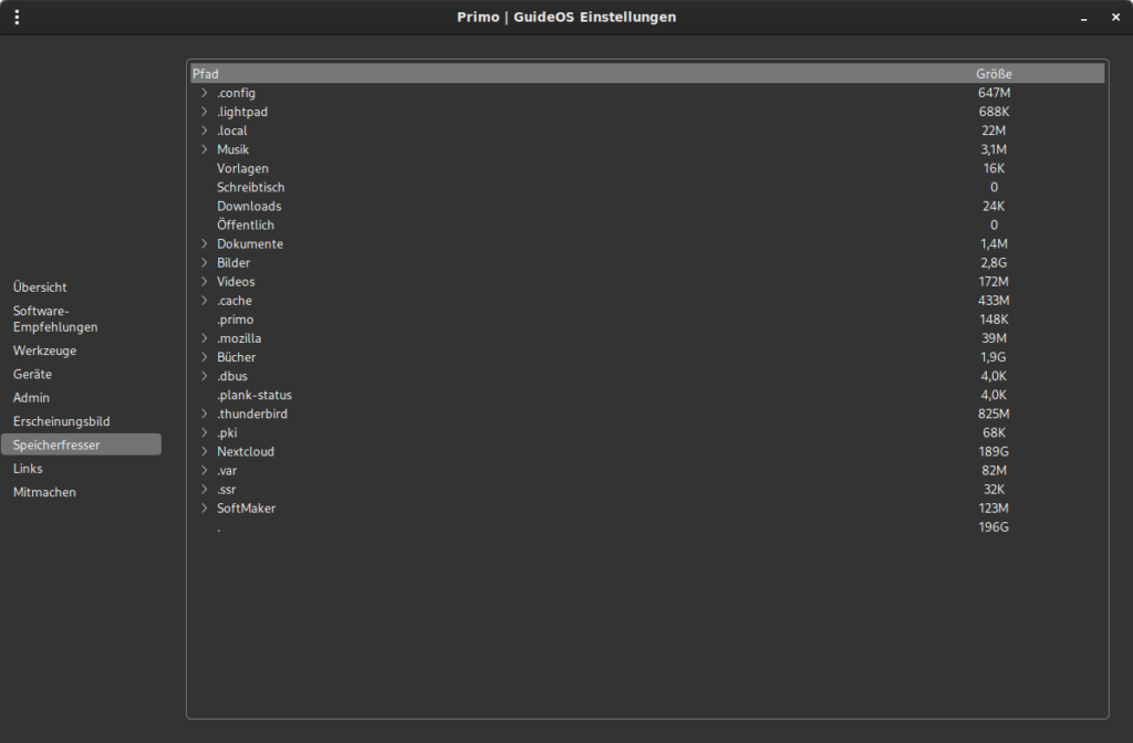 Primo-Dateiverwaltung mit Speicherplatzdetails anzeigen.