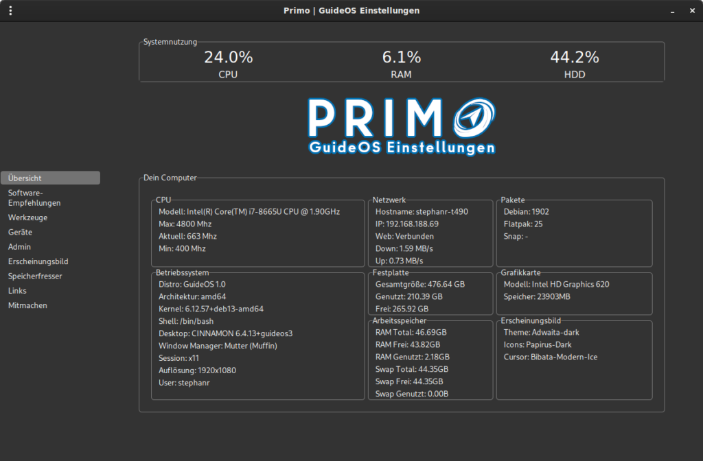 Systeminformationen auf GuideOS Benutzeroberfläche