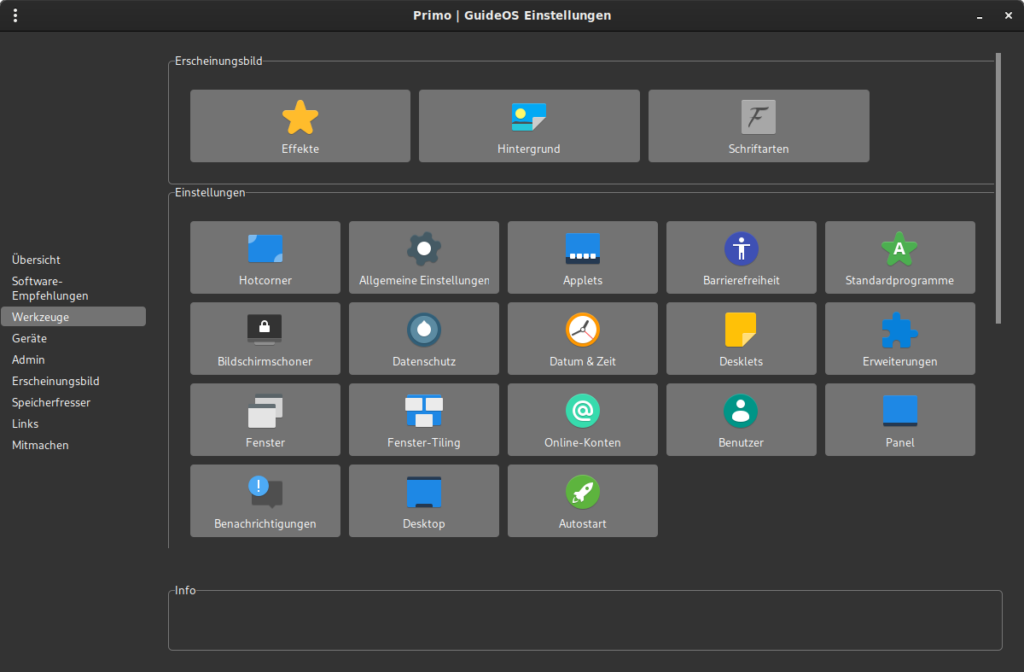 Einstellungen-Übersicht in einer Software-Oberfläche