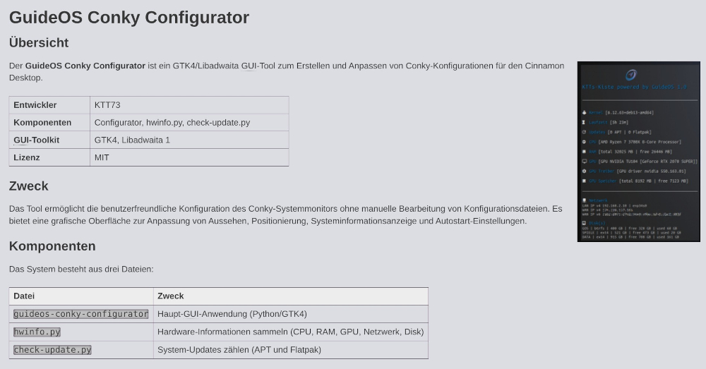 GuideOS Conky Configurator mit GUI-Tool und Komponentenliste.