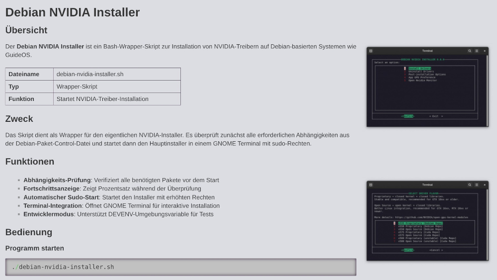 Debian NVIDIA Installer-Bildschirm mit Terminal-Optionen.